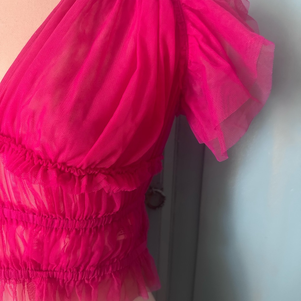Free People Sheer Pink Ruffle Top - Picture 2 of 7